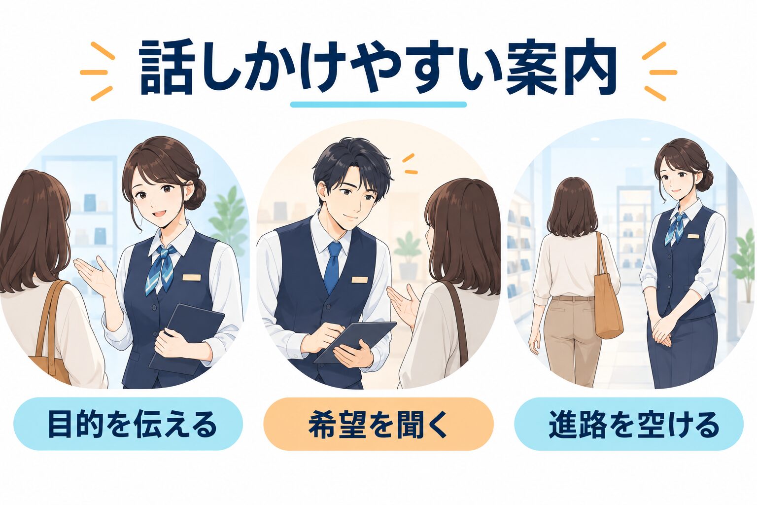案内の目的を伝え、相手の希望を聞き、通路と距離に配慮する声かけ