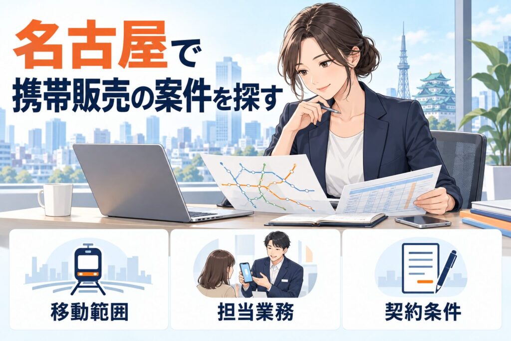 名古屋で携帯販売の案件を探す際に、移動範囲・担当業務・契約条件を比較する