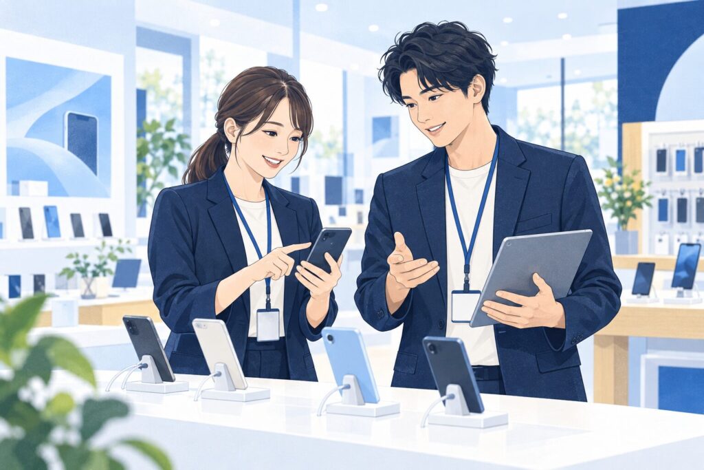 携帯販売の現場で端末を確認するスタッフのイラスト