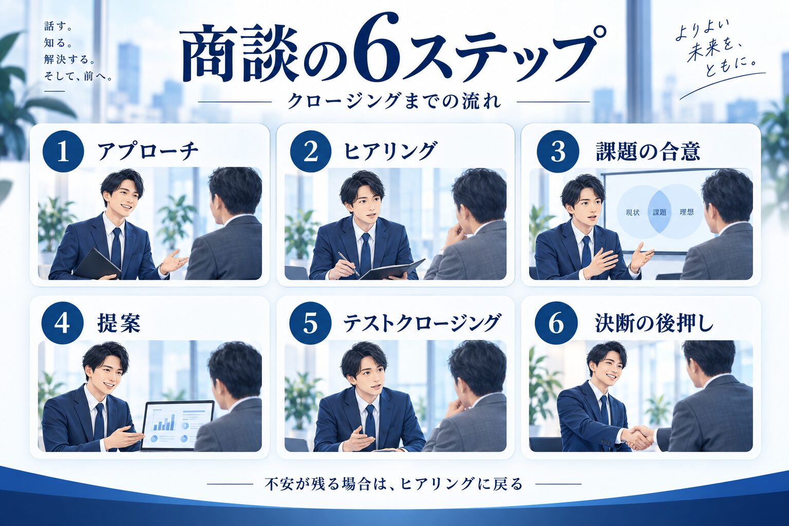 商談の6ステップ：アプローチ、ヒアリング、課題の合意、提案、テストクロージング、決断の後押し。不安が残る場合はヒアリングに戻ります。