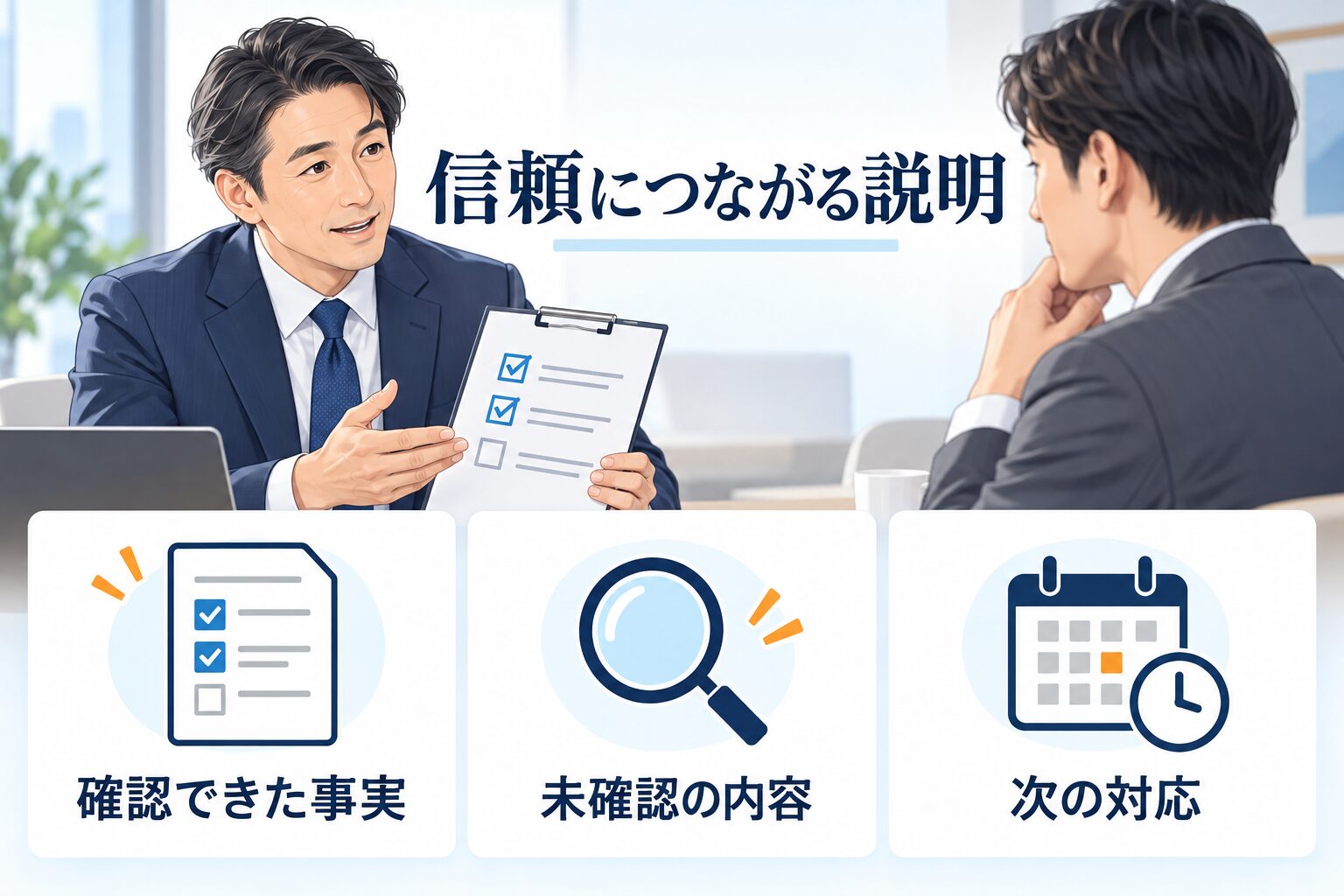 確認できた事実・未確認の内容・次の対応を分けて伝える